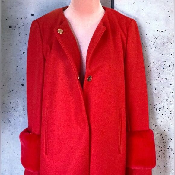 ANN TAYLOR FACTORY RED COAT JACKET FAUX FUR SLEEVES SMALL - Picture 4 of 9
